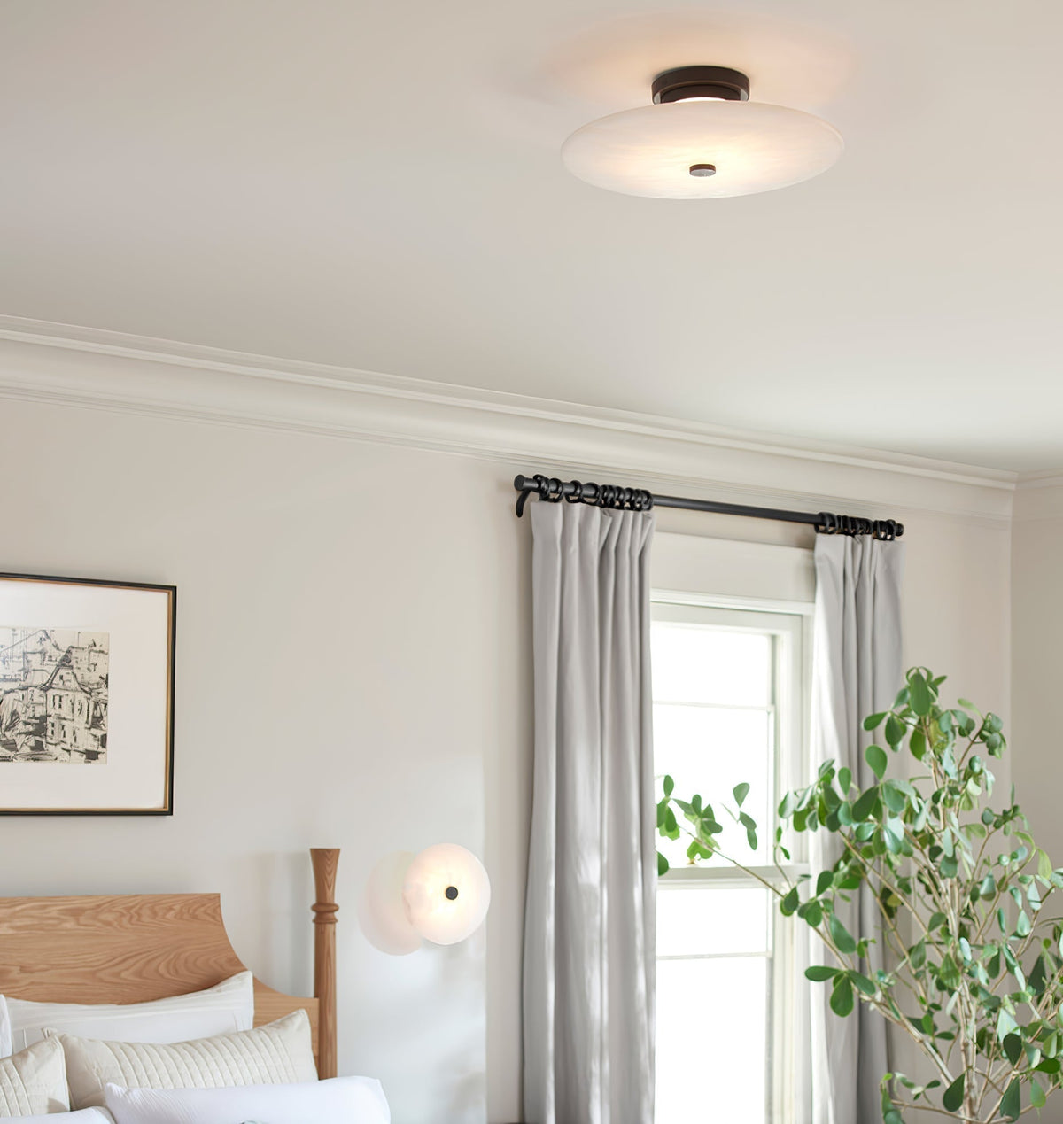 Round Alabaster Flush Mount Ceiling Light with Brass or Black Trim, LED Integrated 7.9 Inch Fixture for Bedroom Hallway Living Room | Lonoma