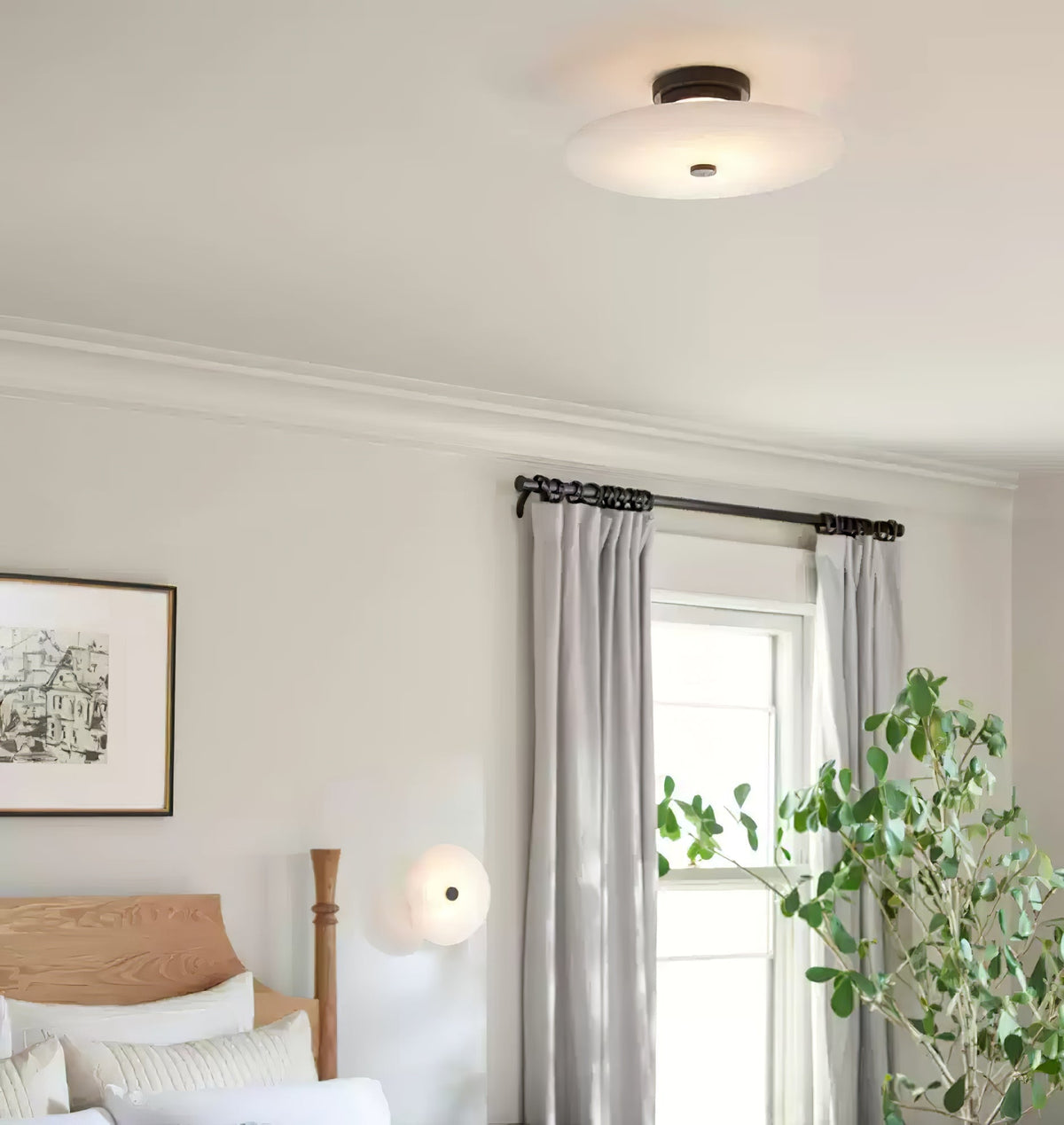Round Alabaster Flush Mount Ceiling Light with Brass or Black Trim, LED Integrated 7.9 Inch Fixture for Bedroom Hallway Living Room | Lonoma