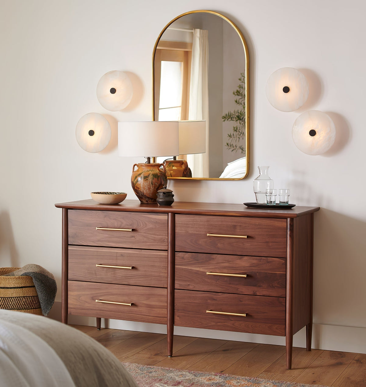 Round Alabaster Flush Mount Ceiling Light with Brass or Black Trim, LED Integrated 7.9 Inch Fixture for Bedroom Hallway Living Room | Lonoma