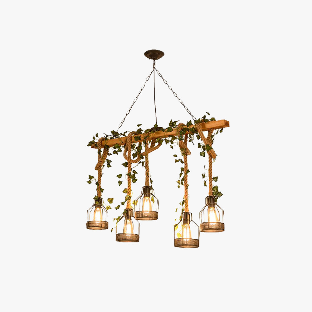 Rustic Wood Beam Chandelier with Metal Caged Shades for Dining Room & Kitchen Island, 3 or 5 Lights, Hardwired Ceiling Fixture | Lonoma