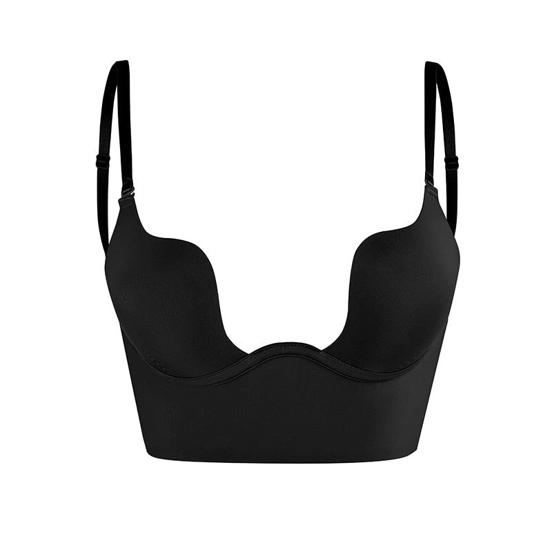 Invisible Clear Strap Plunge Bra Low Back Deep V Neckline Contoured Cups Adjustable Straps Secure Extended Band for Open Back Dresses | Lonoma