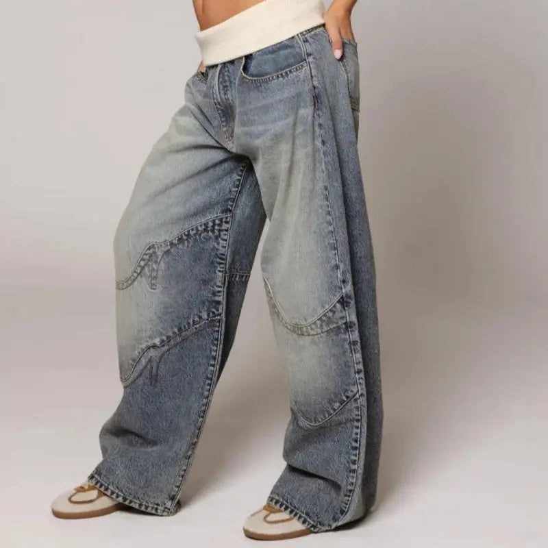 Women's High-Waisted Relaxed Fit Jeans Light Wash Wide Leg Pants with Elastic Ribbed Waist for Casual Street Style Y2K Vintage Loose Denim | Lonoma
