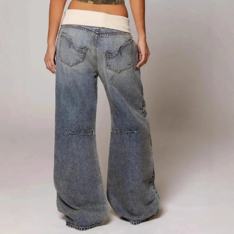 Women's High-Waisted Relaxed Fit Jeans Light Wash Wide Leg Pants with Elastic Ribbed Waist for Casual Street Style Y2K Vintage Loose Denim | Lonoma