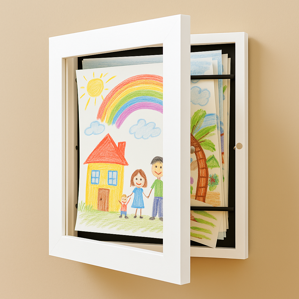 Kids Art Display Frame with Storage for 150 Drawings - Flip-Front Wooden Picture Frame A4 A3 for Bedroom Living Room Playroom | Lonoma