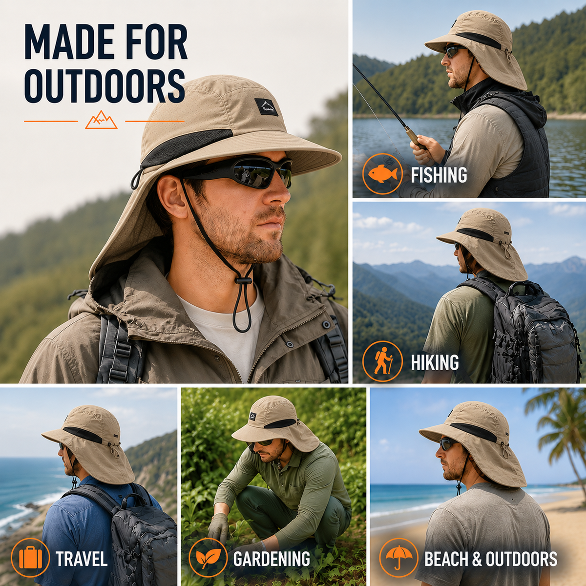 Sun Hat with Neck Flap UPF 50+ Protection Wide Brim Breathable Adjustable Foldable for Hiking Fishing Golf Beach Outdoor Activities Men Women | Lonoma