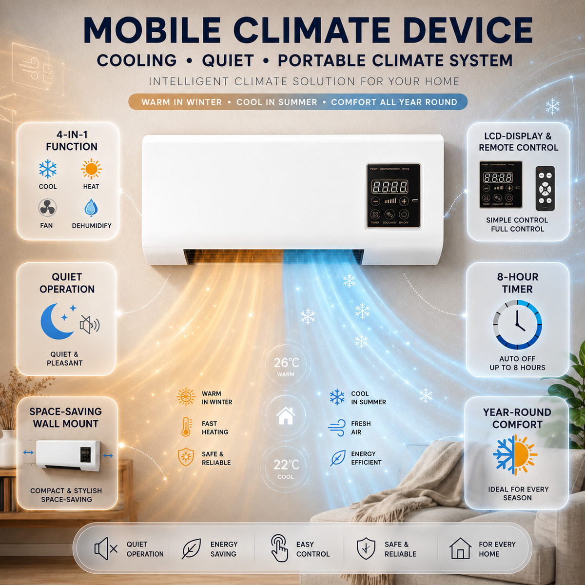 Wall-Mount 4-in-1 Air Conditioner Heater Dehumidifier Fan with Sleep Mode and Timer for Bedroom | Lonoma