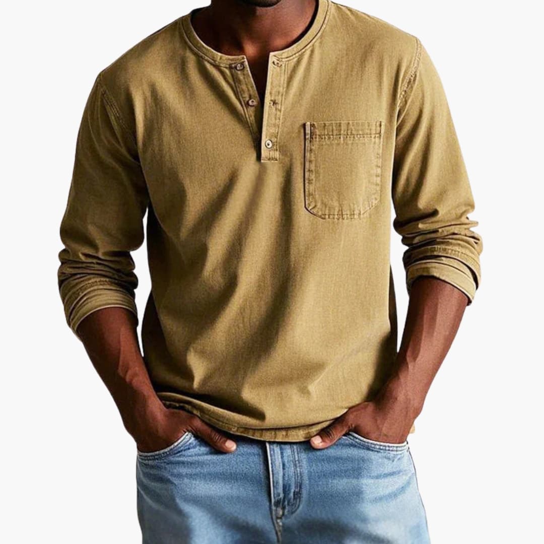 Men's Henley Shirt Long Sleeve Cotton Casual Tee with Chest Pocket for Everyday Wear Navy Gray Khaki Button Neckline | Lonoma