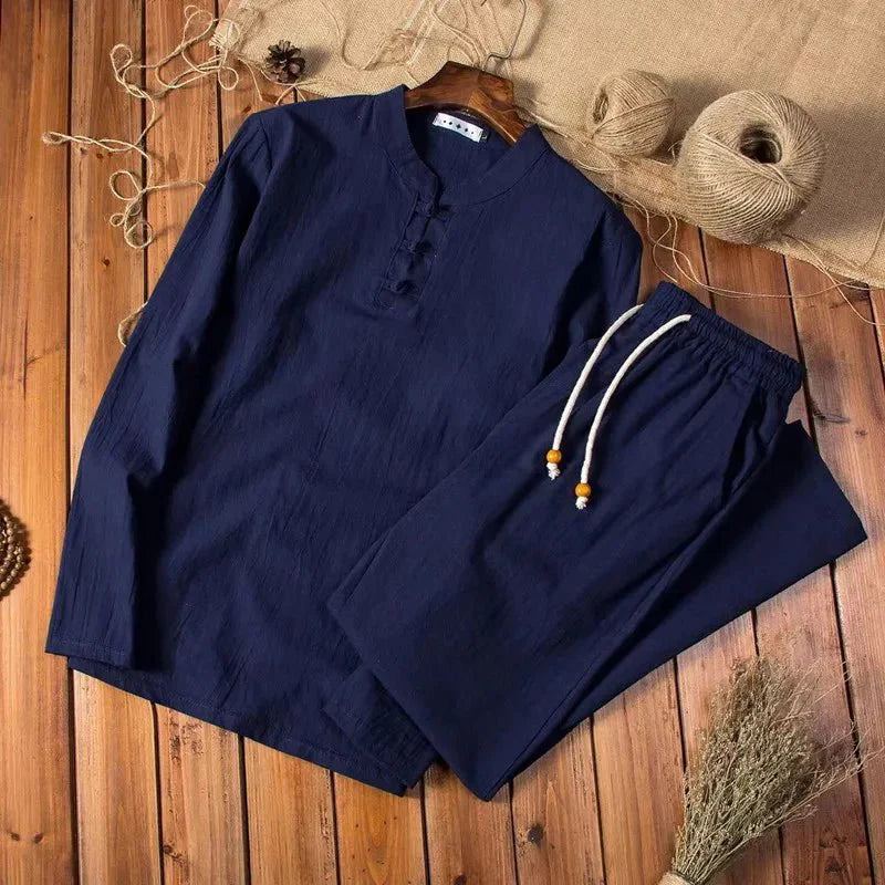 Men's Stand Collar Shirt and Elastic Waist Pants Lounge Set - Relaxed Fit Casual Two-Piece Outfit for Weekend Wear and Travel | Lonoma