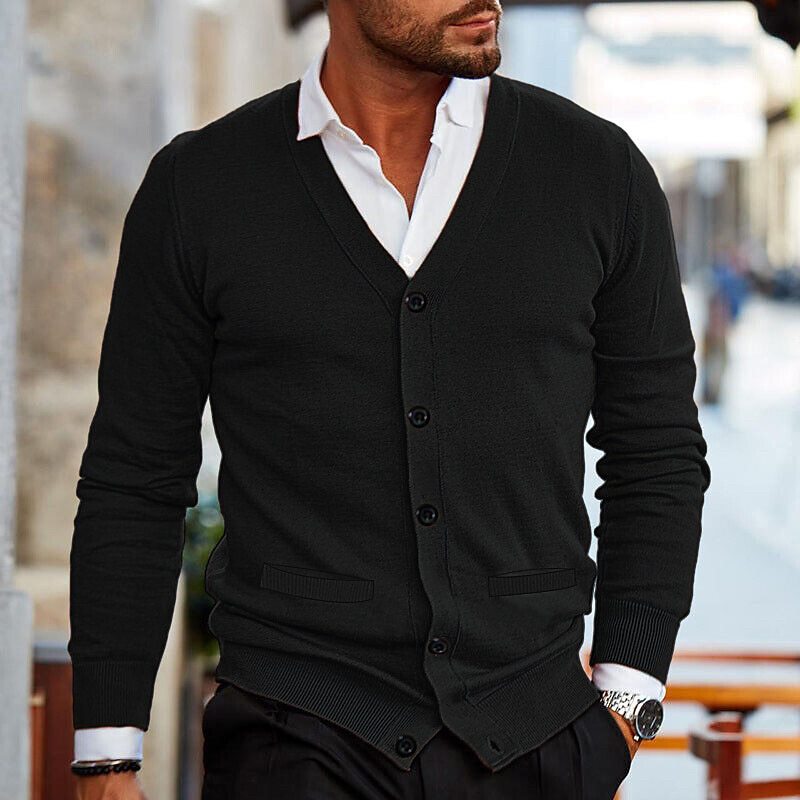 Men's Button-Up Sweater V-Neck Cardigan with Ribbed Trim for Casual & Office Wear | Classic Layering Piece | Lonoma