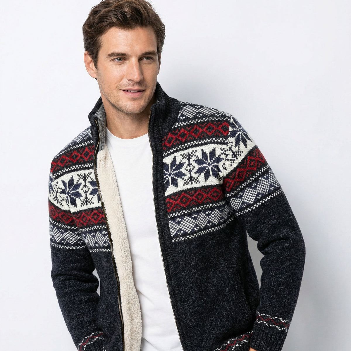 Men's Zip-Up Cardigan with Fair Isle Pattern and Stand Collar for Fall and Winter Layering | Lonoma