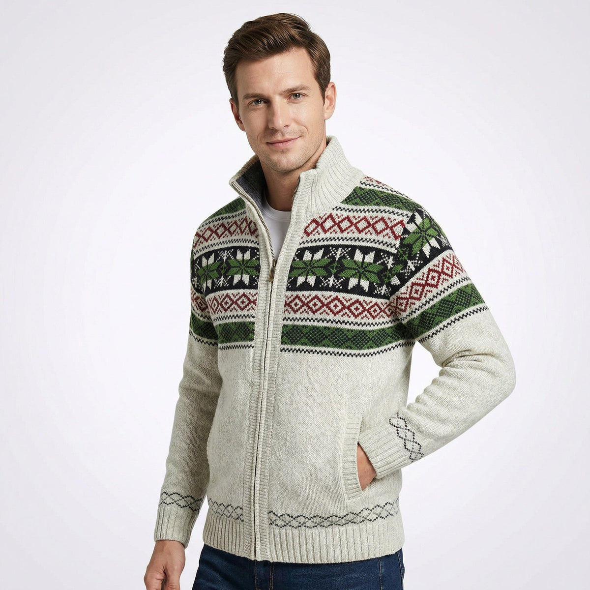 Men's Zip-Up Cardigan with Fair Isle Pattern and Stand Collar for Fall and Winter Layering | Lonoma