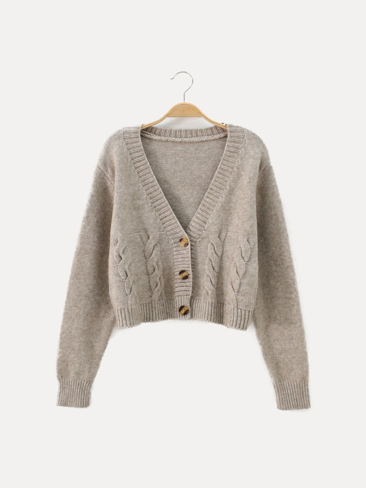 Women's Cropped Knit Cardigan V-Neck Horn Button Sweater Relaxed Fit Short Waist-Length Top for Casual Everyday Layering | Lonoma