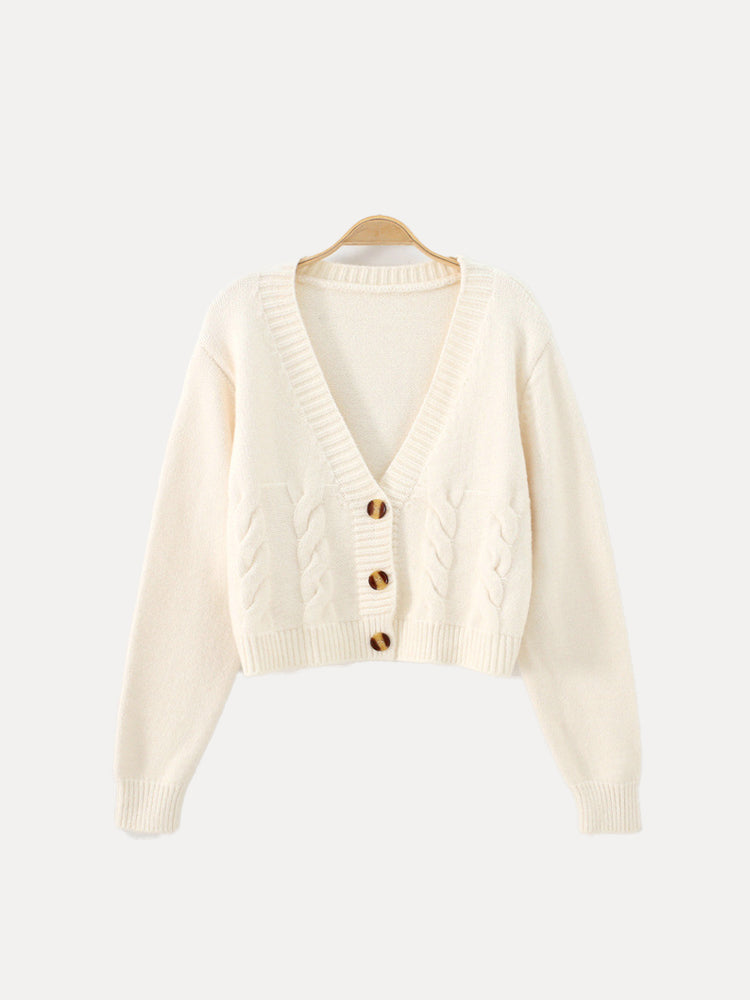 Women's Cropped Knit Cardigan V-Neck Horn Button Sweater Relaxed Fit Short Waist-Length Top for Casual Everyday Layering | Lonoma