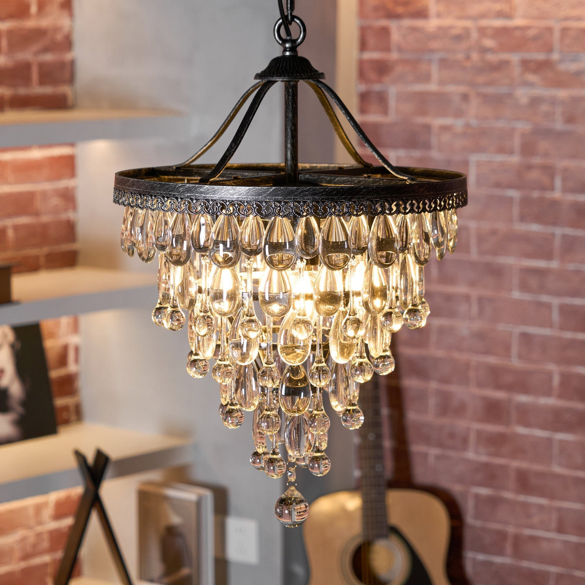 Crystal Drop Chandelier Antique Bronze Finish Multi Light Pendant Dining Room Living Room Foyer Statement Lighting Adjustable Chain | Lonoma