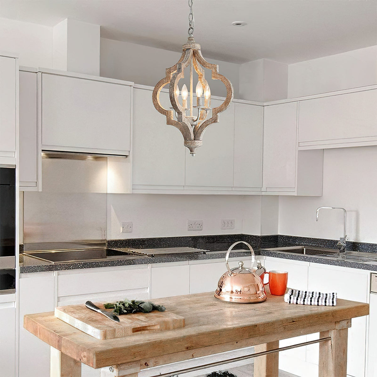 Rustic 4-Light Wood Beam Chandelier with Chain Mount for Dining Room Kitchen Farmhouse Industrial Décor | Lonoma
