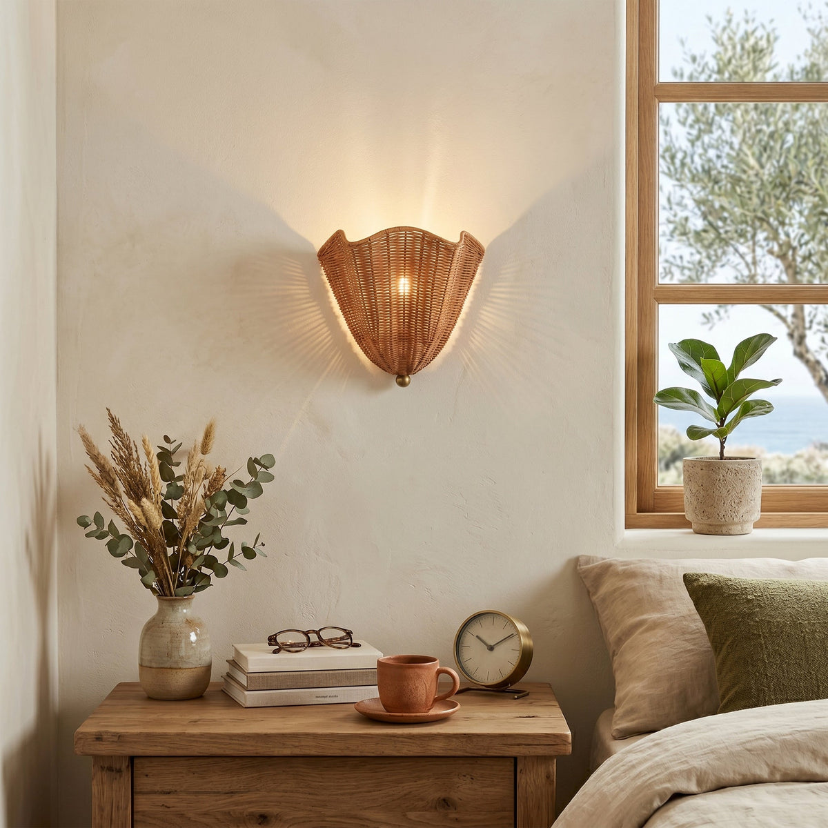 Woven Rattan Wall Light Fixture, 12.6-Inch Round Natural Brown Sconce for Bedroom, Living Room, Entryway, Bohemian Farmhouse Style | Lonoma