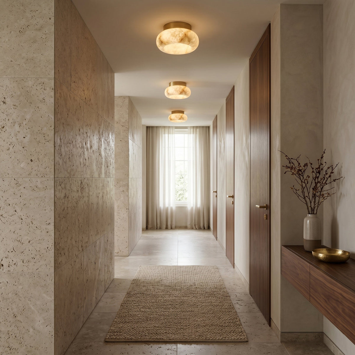 Brass Flush Mount Ceiling Light with Alabaster Shade – Modern Low Profile LED Fixture for Bedroom, Hallway, Entryway – 3.1 in Profile | Lonoma