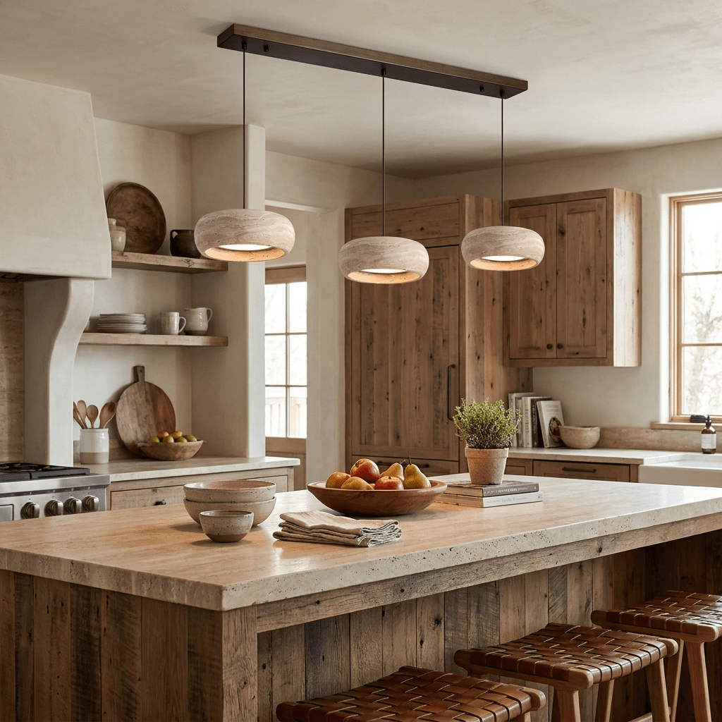 Circular Stone Pendant Light with Warm LED – Adjustable Drop Ceiling Fixture for Dining Room, Kitchen Island, Entryway – Natural Material | Lonoma