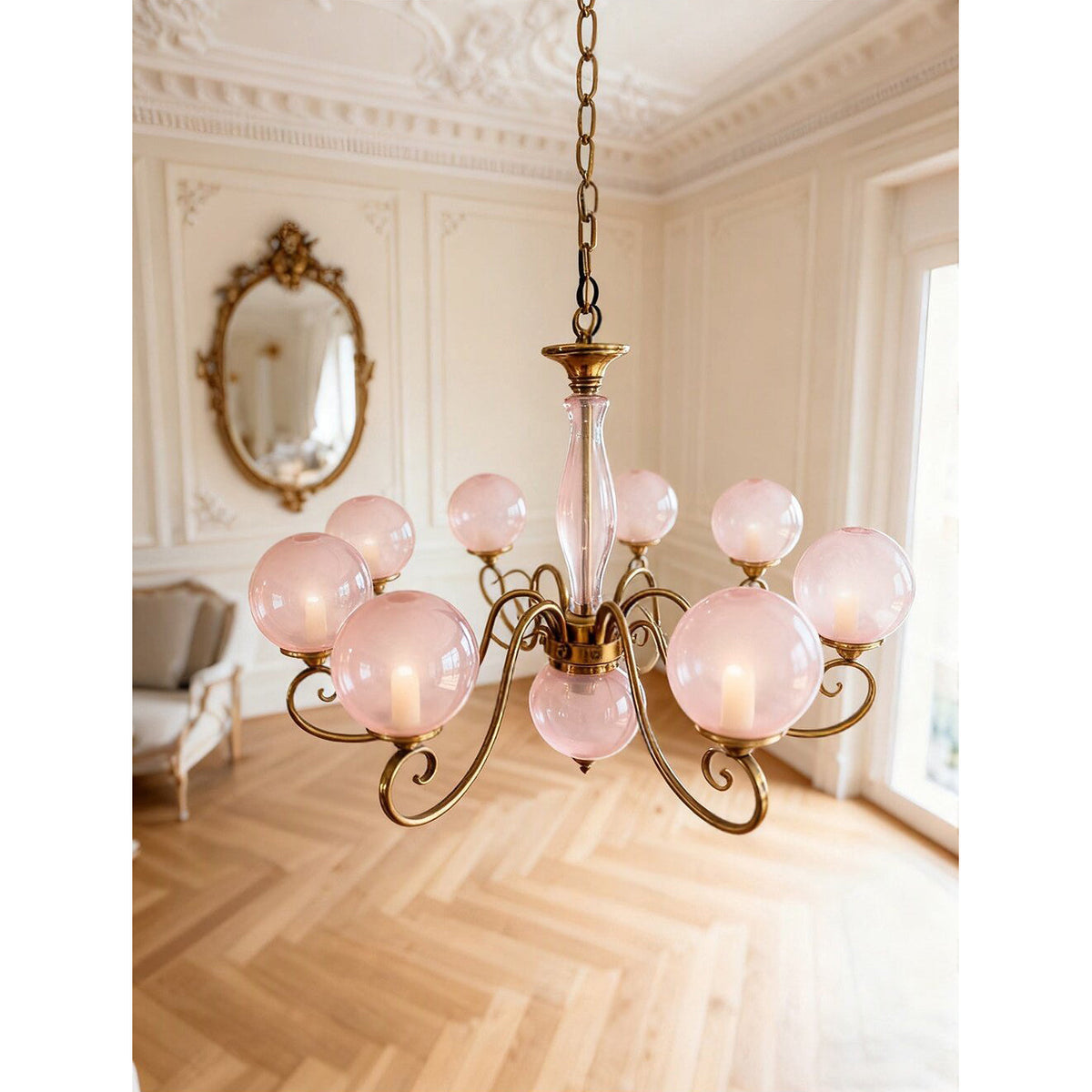 Hand-Blown Glass Globe Chandelier with Antique Brass Frame – Multi-Arm Pendant Light for Dining Room | Lonoma