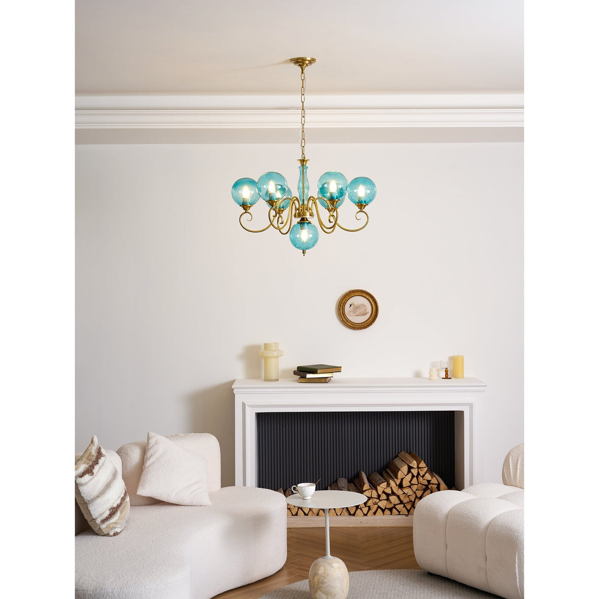 Hand-Blown Glass Globe Chandelier with Antique Brass Frame – Multi-Arm Pendant Light for Dining Room | Lonoma