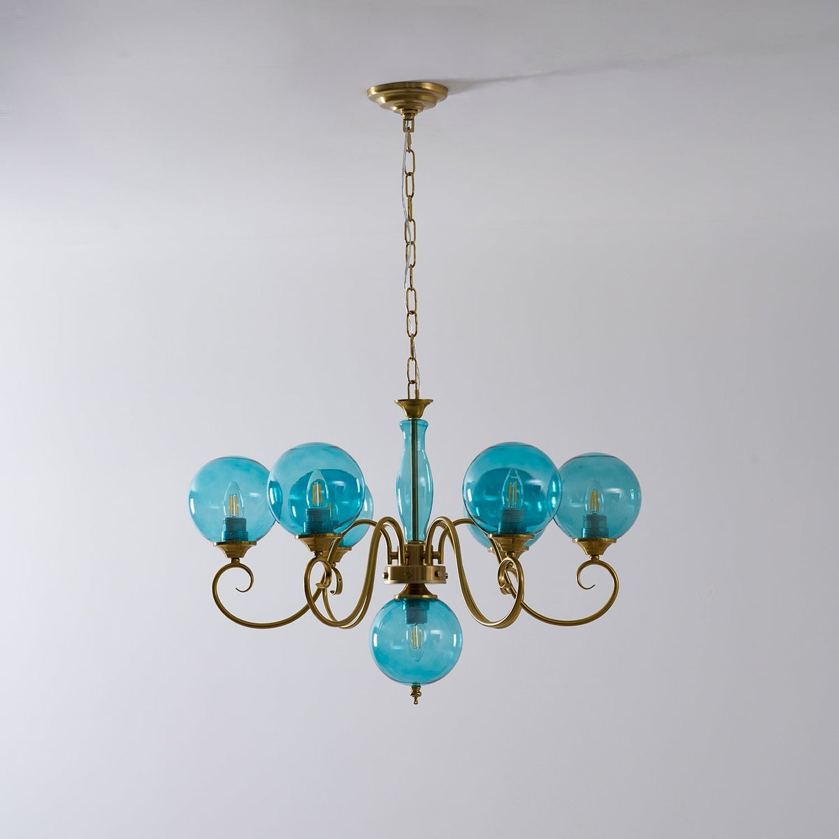 Hand-Blown Glass Globe Chandelier with Antique Brass Frame – Multi-Arm Pendant Light for Dining Room | Lonoma
