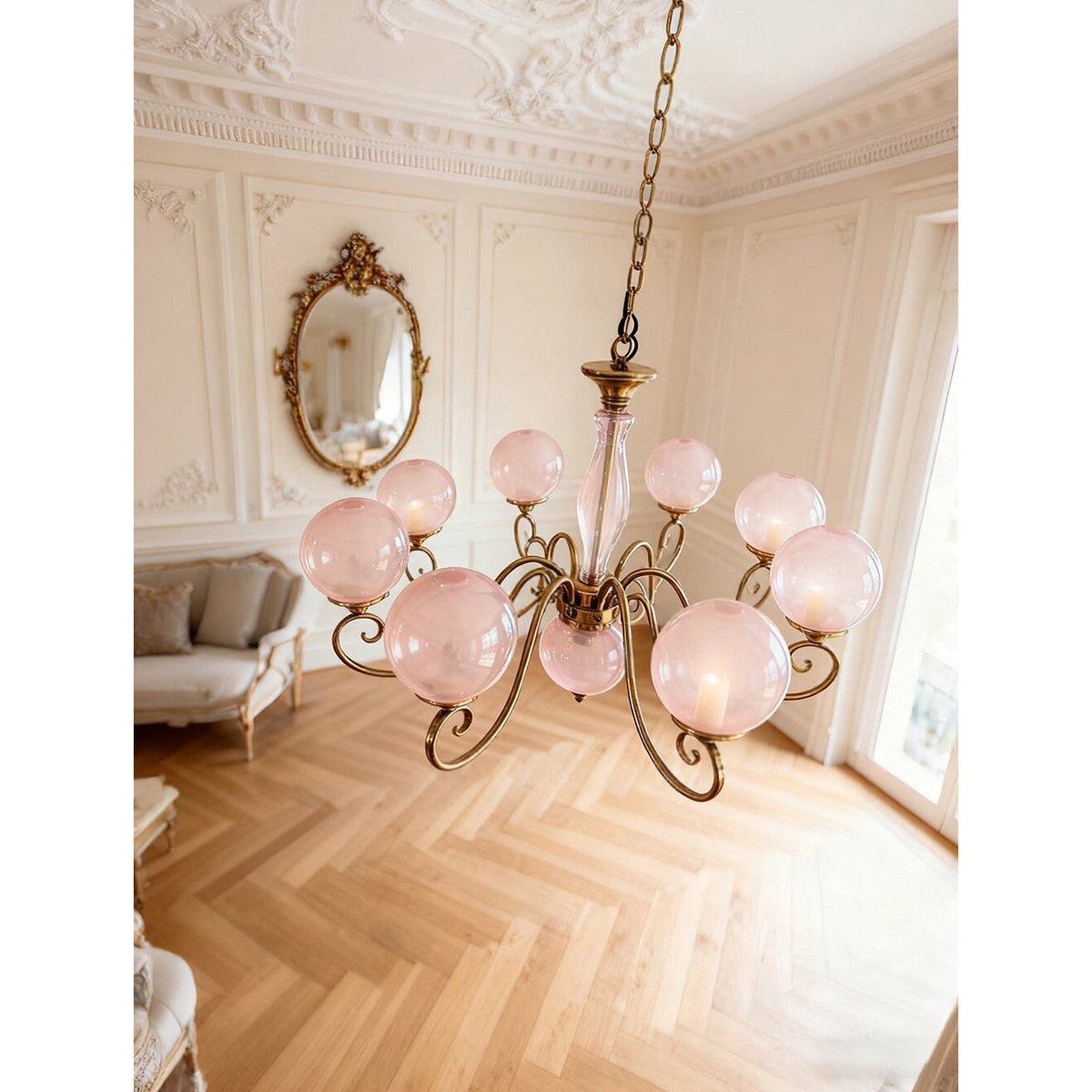 Hand-Blown Glass Globe Chandelier with Antique Brass Frame – Multi-Arm Pendant Light for Dining Room | Lonoma