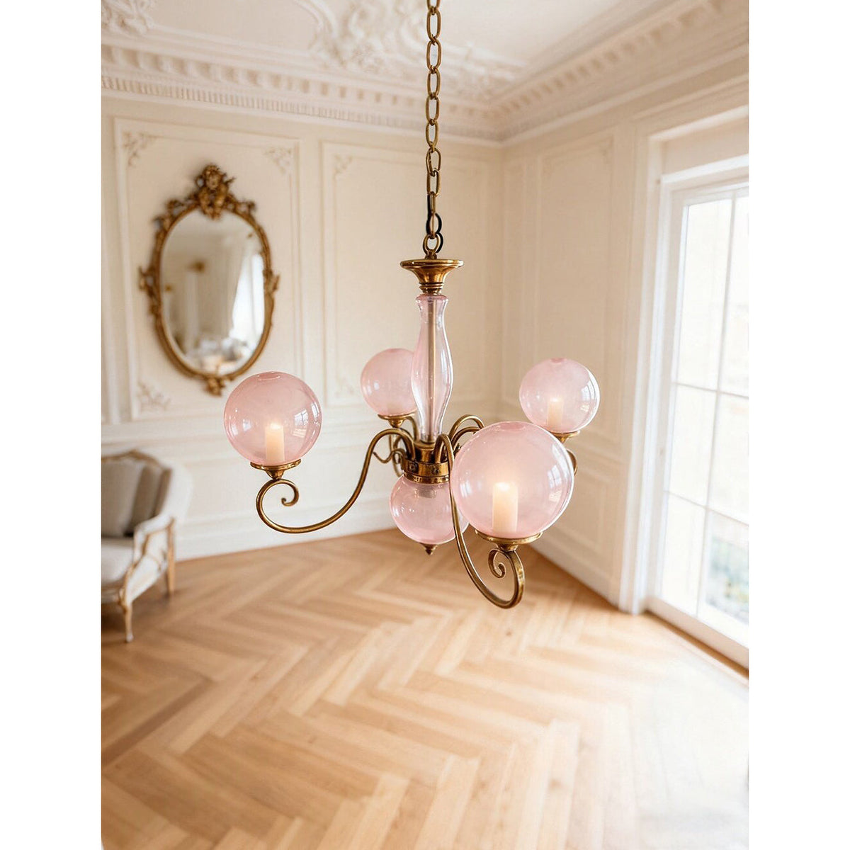 Hand-Blown Glass Globe Chandelier with Antique Brass Frame – Multi-Arm Pendant Light for Dining Room | Lonoma