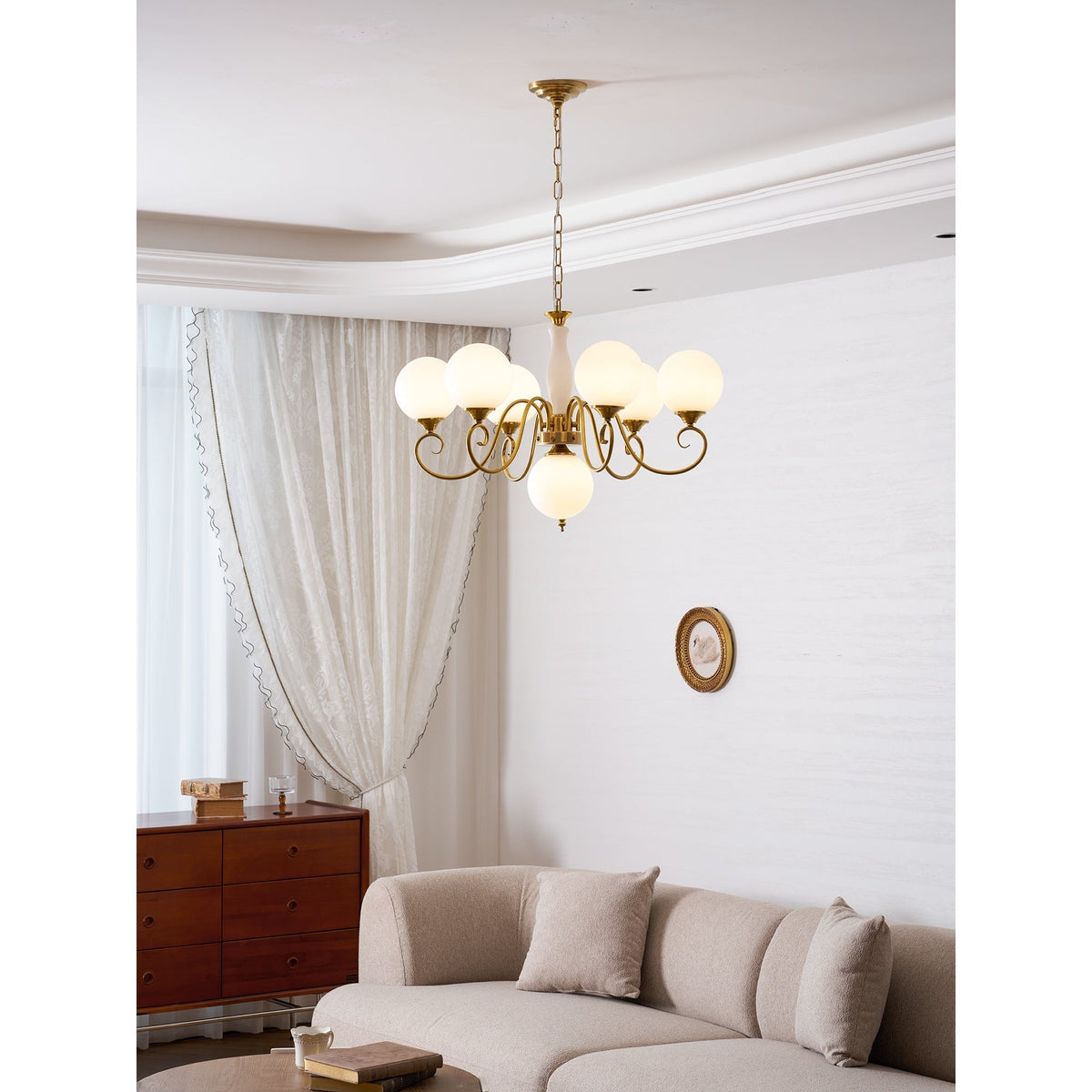 Hand-Blown Glass Globe Chandelier with Antique Brass Frame – Multi-Arm Pendant Light for Dining Room | Lonoma
