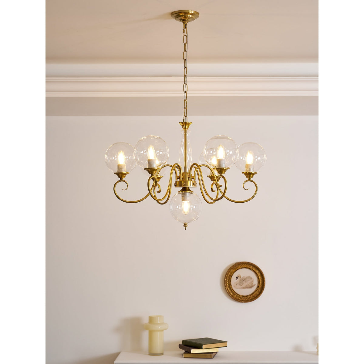 Hand-Blown Glass Globe Chandelier with Antique Brass Frame – Multi-Arm Pendant Light for Dining Room | Lonoma