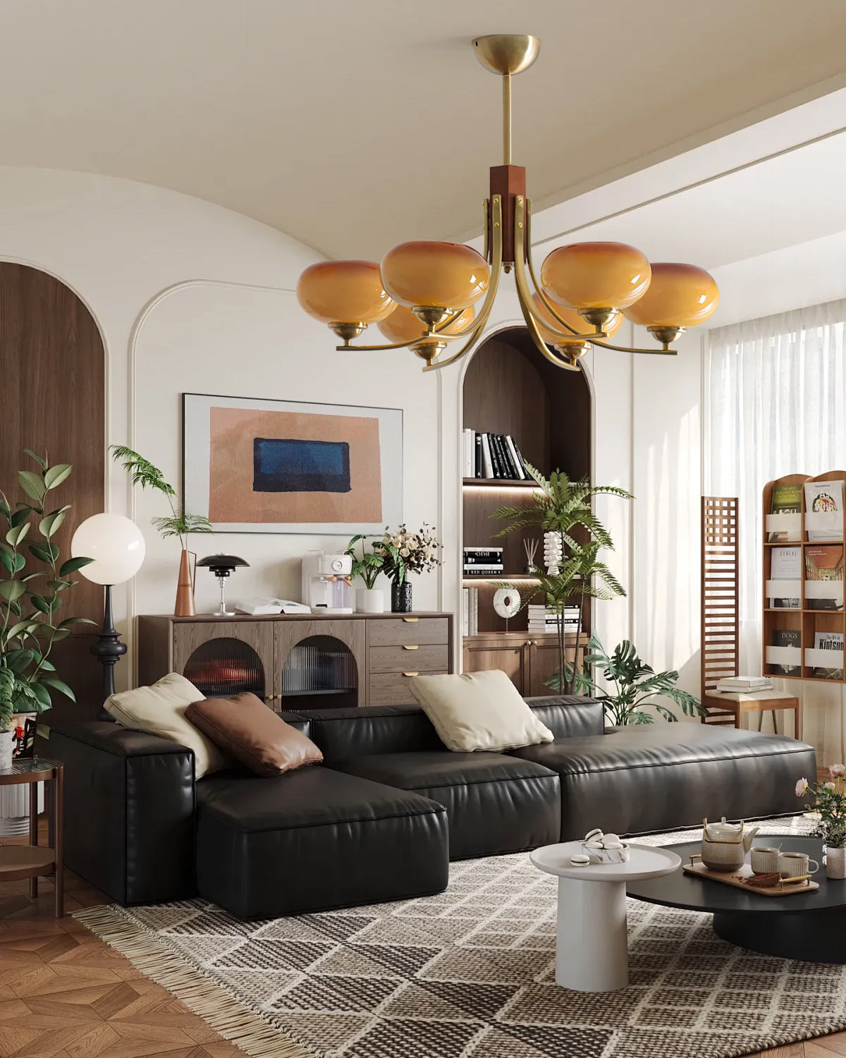 Multi-Globe Pendant Chandelier with Amber Glass Shades and Wood Accents for Dining Room | Lonoma