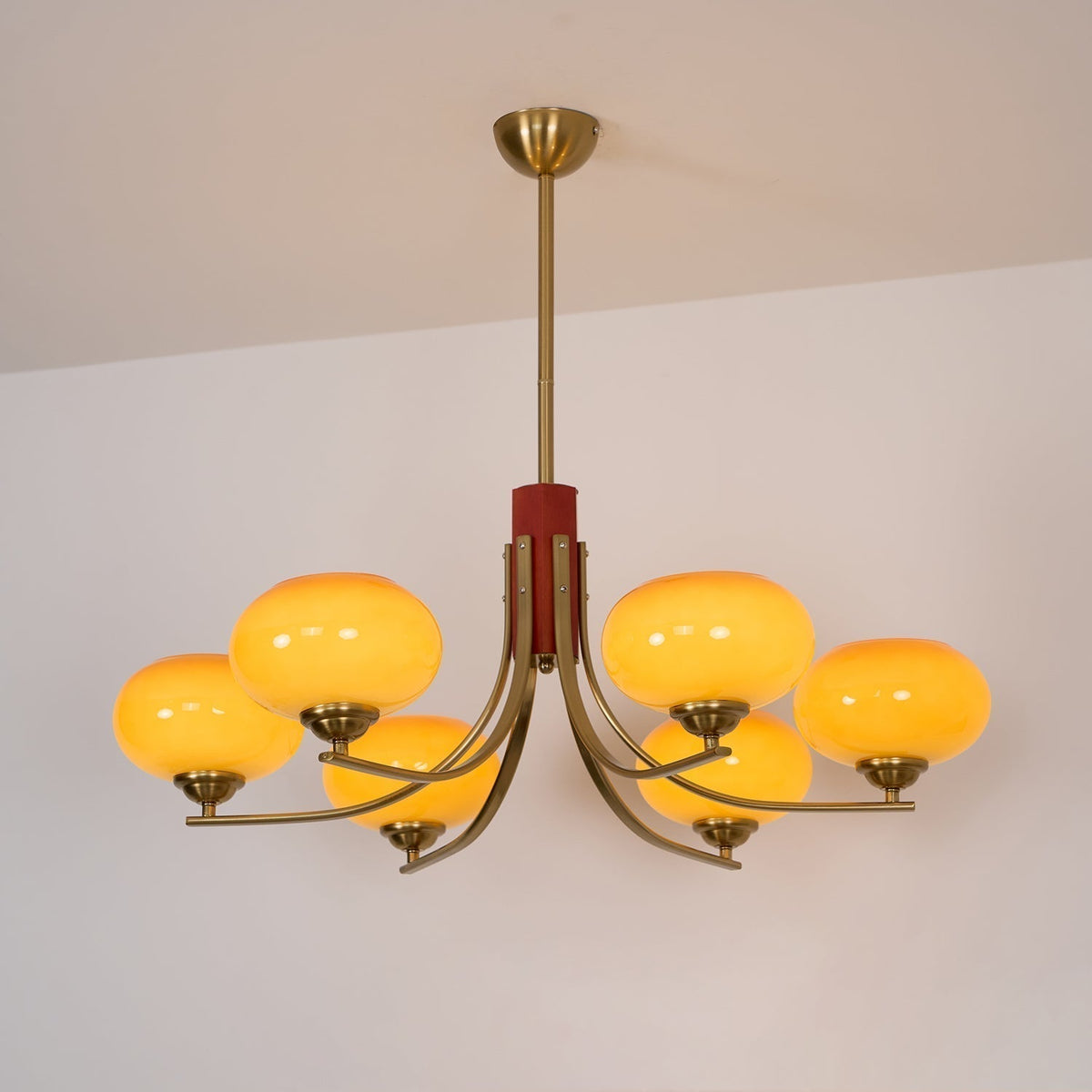 Multi-Globe Pendant Chandelier with Amber Glass Shades and Wood Accents for Dining Room | Lonoma