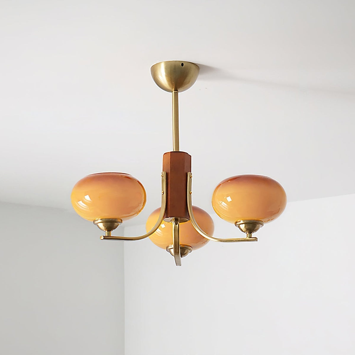 Multi-Globe Pendant Chandelier with Amber Glass Shades and Wood Accents for Dining Room | Lonoma