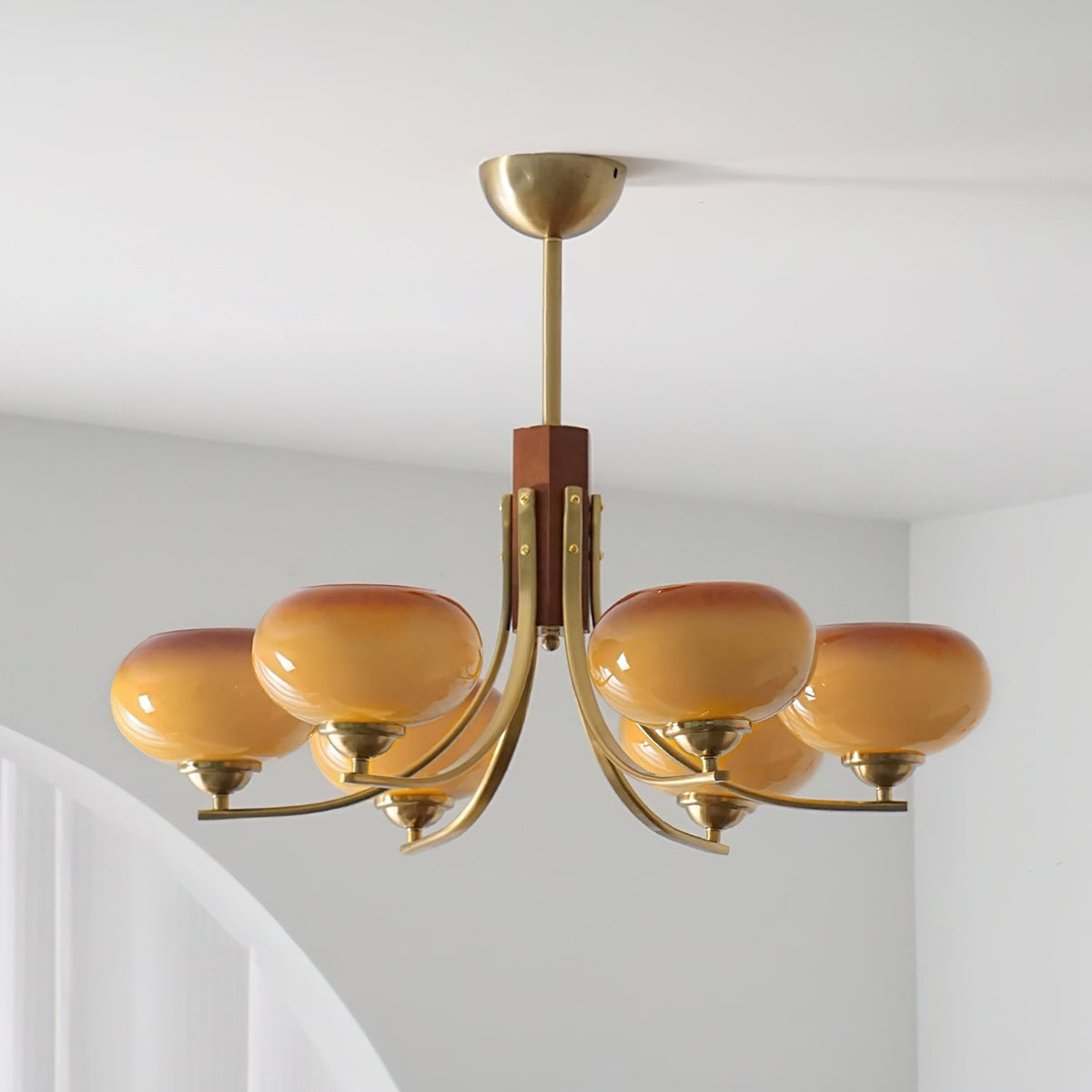 Multi-Globe Pendant Chandelier with Amber Glass Shades and Wood Accents for Dining Room | Lonoma