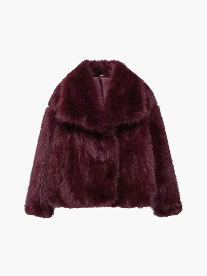 Plush Vegan Fur Jacket Wide Notch Collar Mid Length Winter Outerwear for Women Layering Coat Cruelty Free Lined Warmth | Lonoma