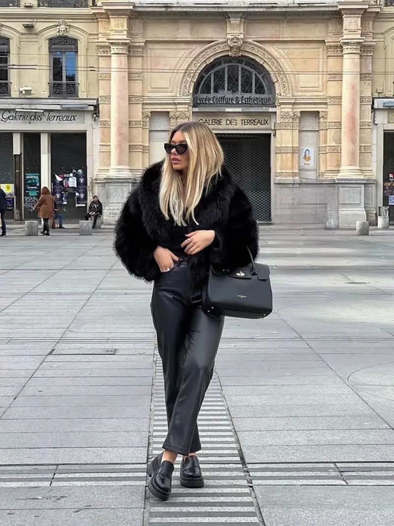 Plush Vegan Fur Jacket Wide Notch Collar Mid Length Winter Outerwear for Women Layering Coat Cruelty Free Lined Warmth | Lonoma