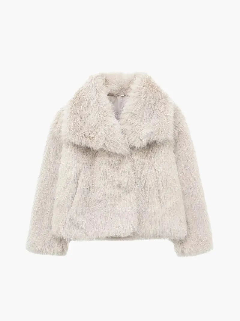 Plush Vegan Fur Jacket Wide Notch Collar Mid Length Winter Outerwear for Women Layering Coat Cruelty Free Lined Warmth | Lonoma