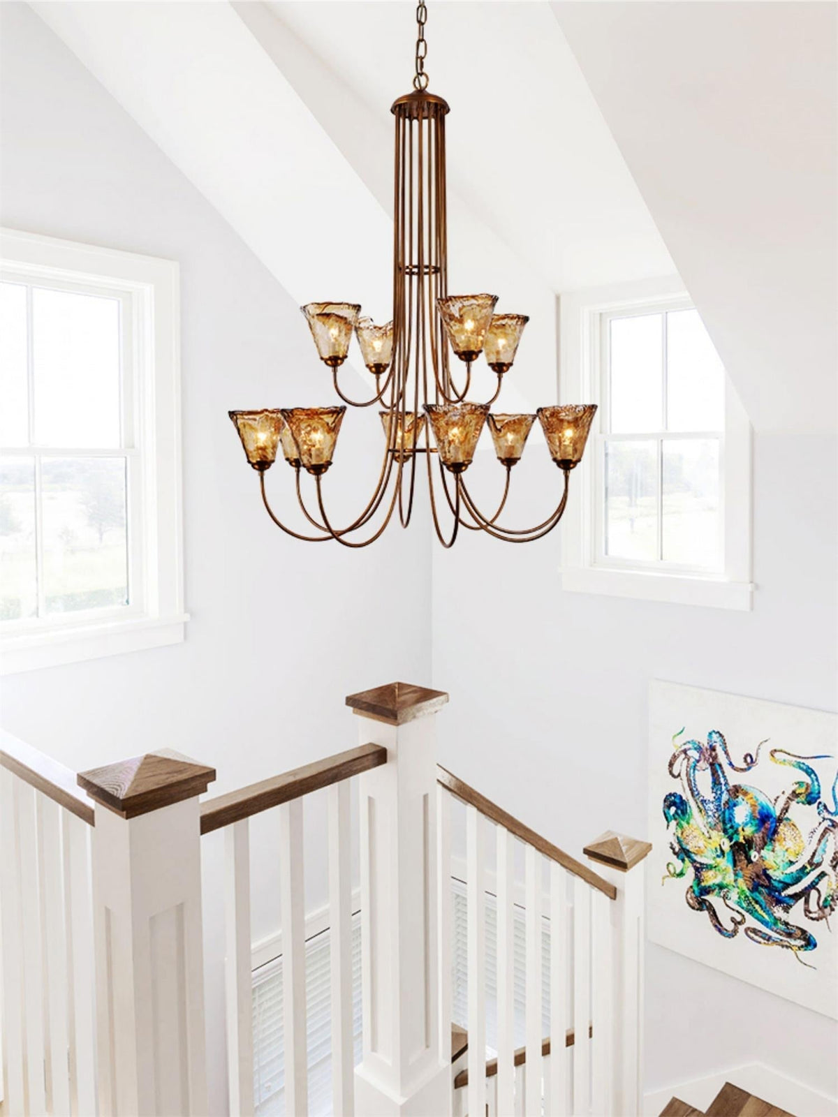 Amber Glass Globe Chandelier with Dark Brass Frame – Multi-Light Adjustable Height Hanging Fixture for Dining Room, Entryway, Living Room | Lonoma