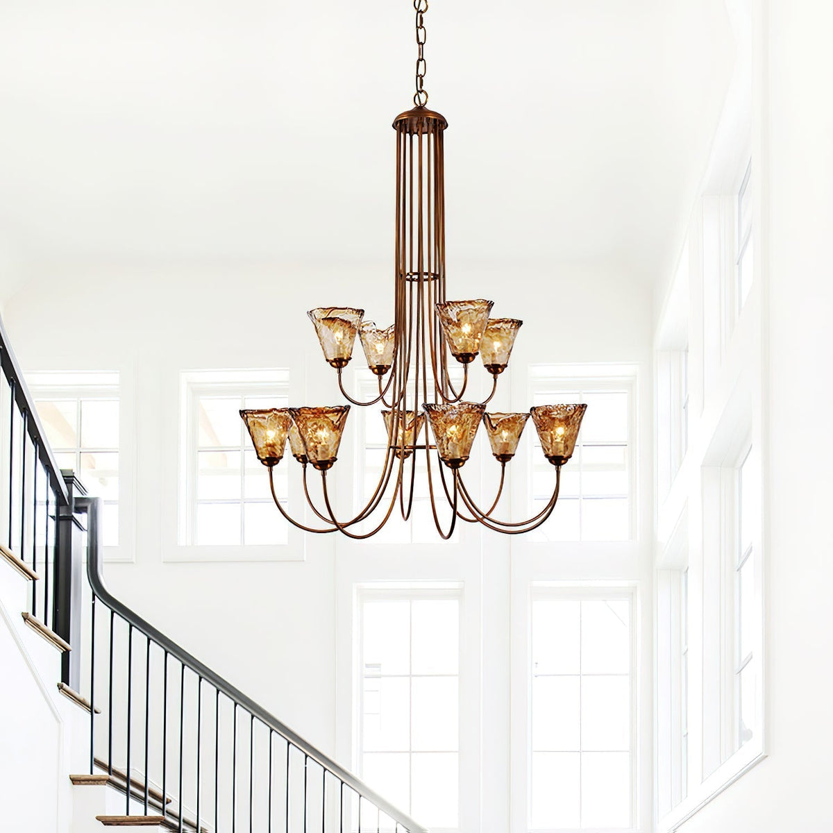 Amber Glass Globe Chandelier with Dark Brass Frame – Multi-Light Adjustable Height Hanging Fixture for Dining Room, Entryway, Living Room | Lonoma