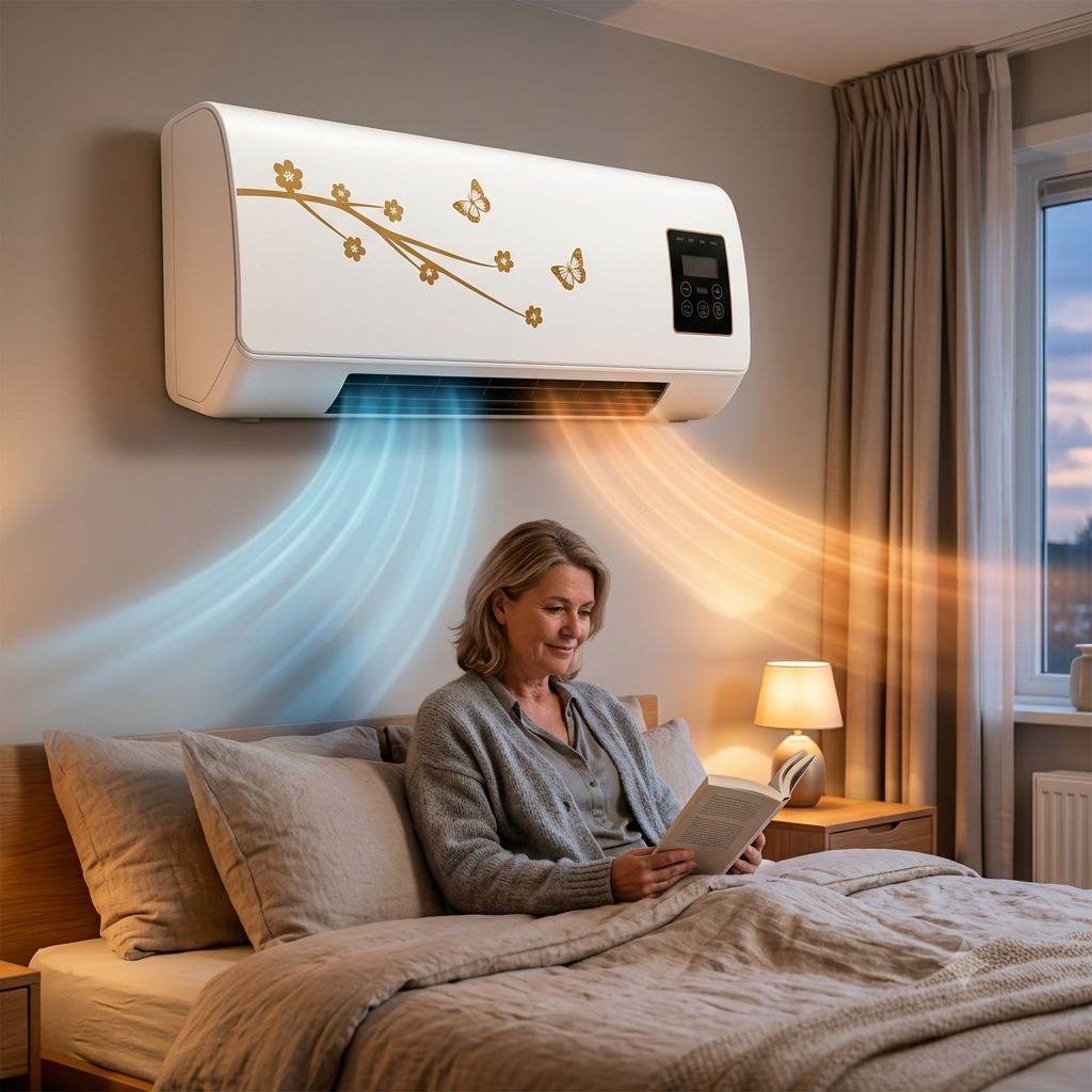 Wall-Mount Heating and Cooling Unit Gold Floral Design Bedroom Climate Control Quiet Operation Decorative Panel Heater Two-Season | Lonoma