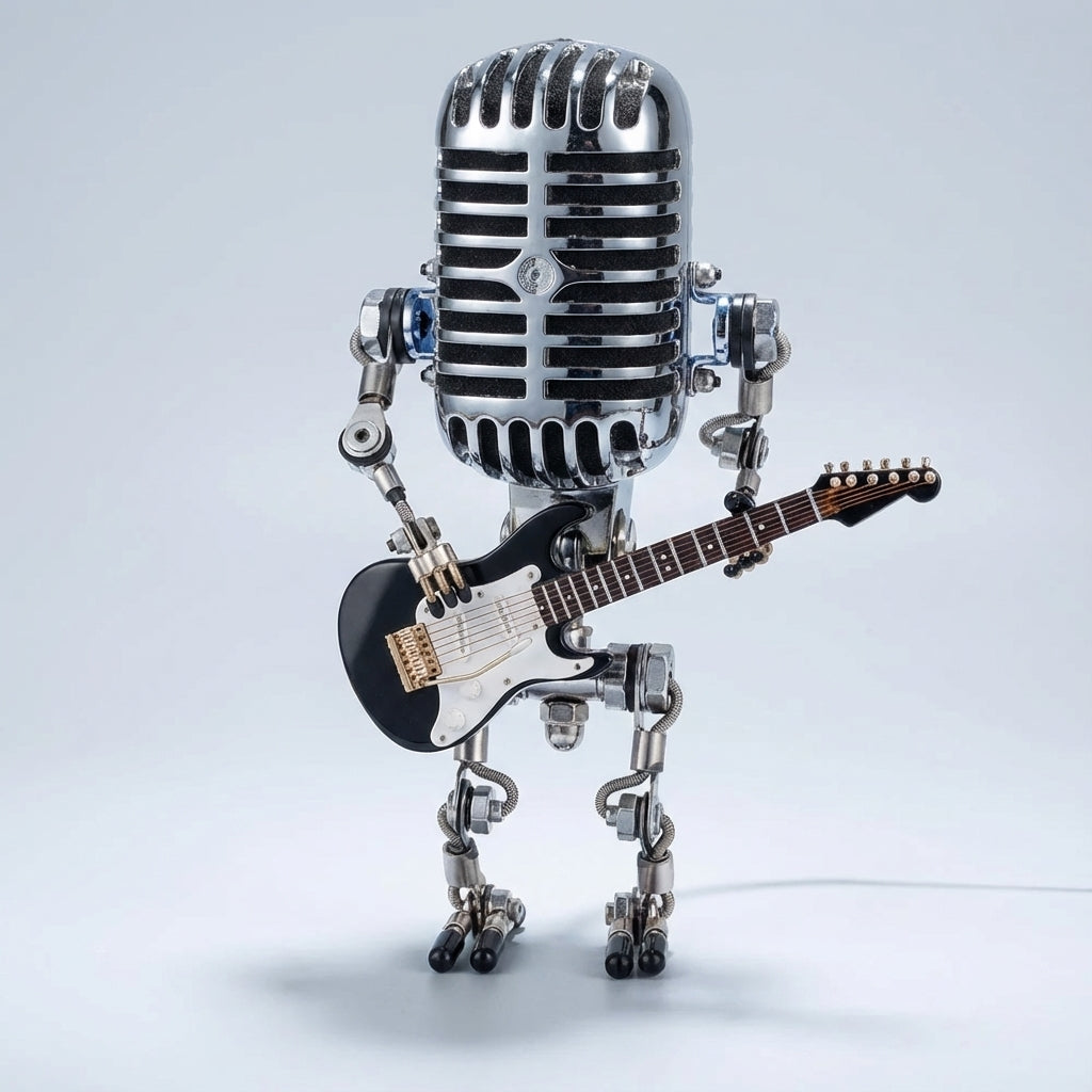 Robot Guitar Table Lamp, 8.7 in Warm LED Accent Light, Battery or USB Powered, Nightstand, Desk & Music Room Decor Gift | Lonoma