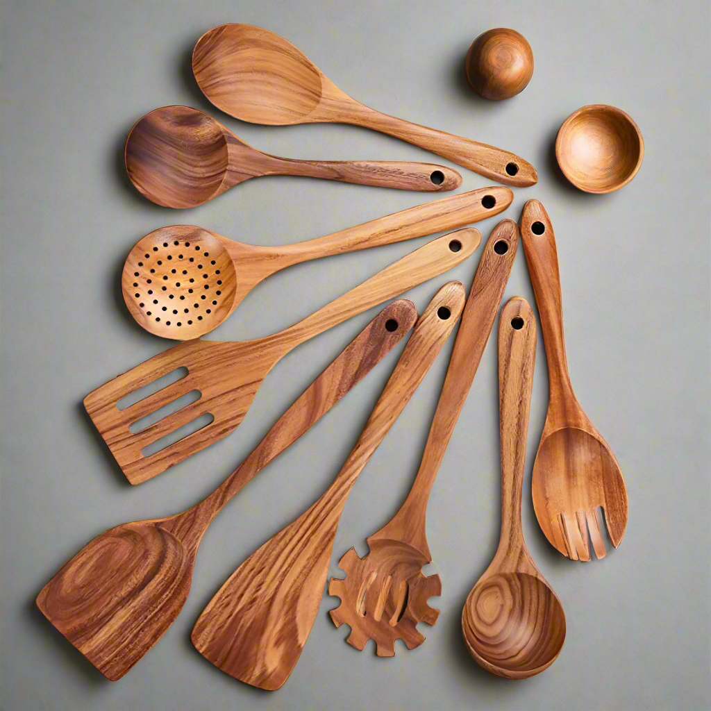 Wooden Cooking Utensil Set – Natural Teak Spoons & Spatulas for Nonstick Pans – Kitchen Tool Set with Antibacterial Wood – 4 to 9 Piece | Lonoma
