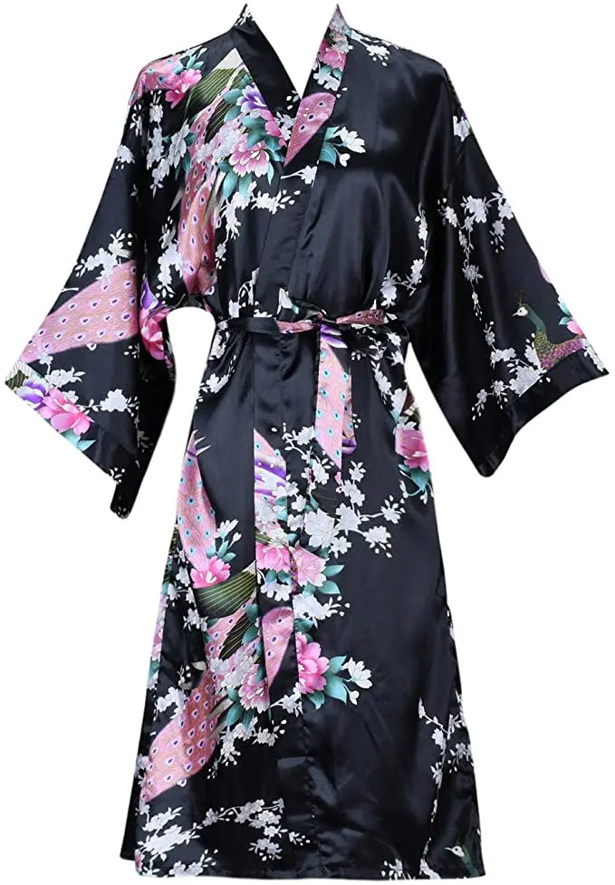 Satin Kimono Robe for Women Short Sleeve Floral Wrap Loungewear Sleepwear Wedding Bridal Party Getting Ready Dressing Gown | Lonoma