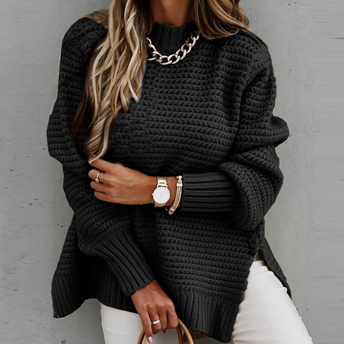 Oversized Turtleneck Sweater for Women with Side Slits and Dropped Back Hem | Chunky Knit Pullover Top | Lonoma