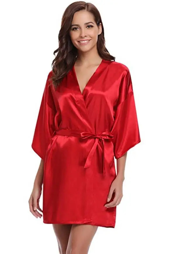Women's Satin Kimono Robe Lightweight Loungewear Short Sleeve Knee Length Sleepwear for Bridal Party Getting Ready Spa | Lonoma