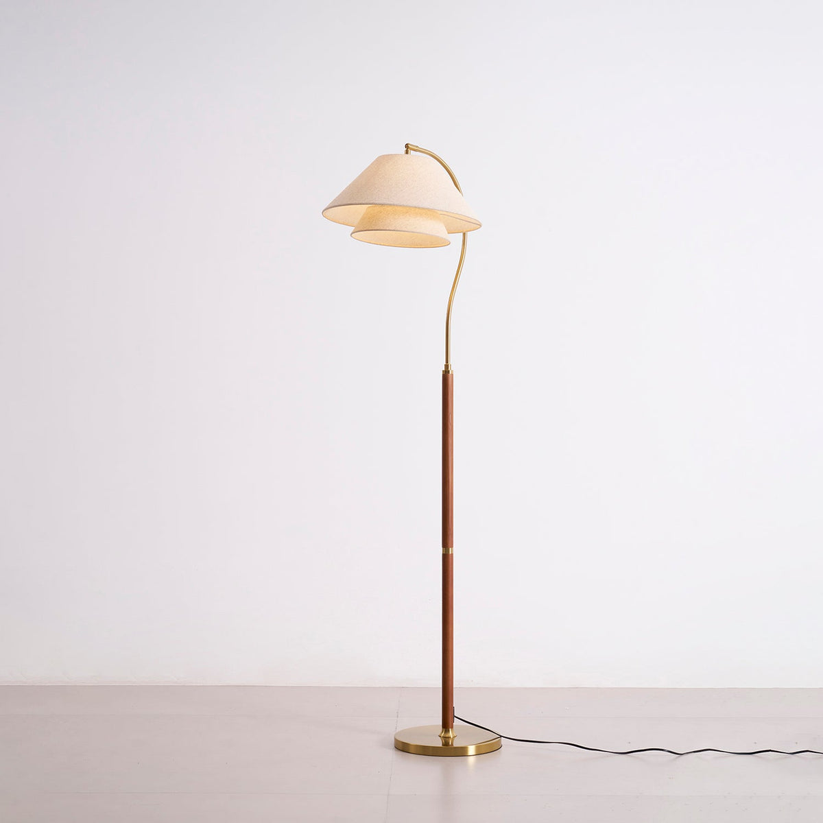 Double Fabric Shade Floor Lamp with Wood & Metal Stand 61 in Tall Statement Lighting for Living Room Bedroom Modern Ambient Uplight | Lonoma