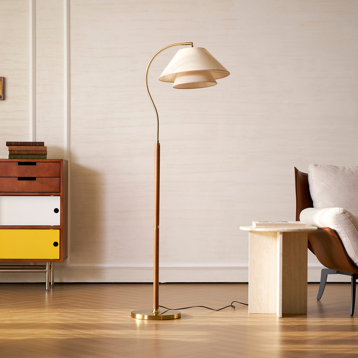Double Fabric Shade Floor Lamp with Wood & Metal Stand 61 in Tall Statement Lighting for Living Room Bedroom Modern Ambient Uplight | Lonoma
