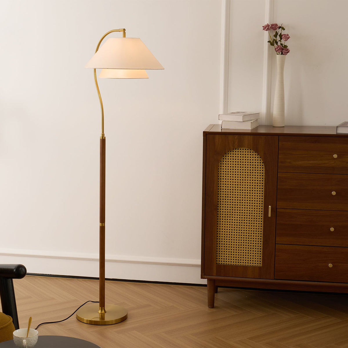 Double Fabric Shade Floor Lamp with Wood & Metal Stand 61 in Tall Statement Lighting for Living Room Bedroom Modern Ambient Uplight | Lonoma