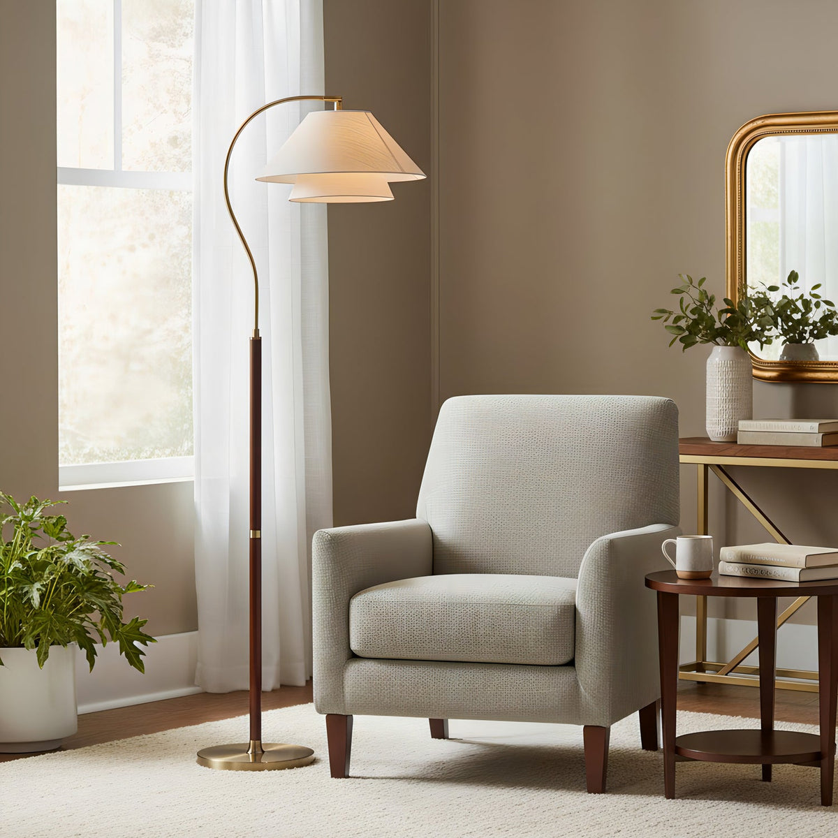 Double Fabric Shade Floor Lamp with Wood & Metal Stand 61 in Tall Statement Lighting for Living Room Bedroom Modern Ambient Uplight | Lonoma