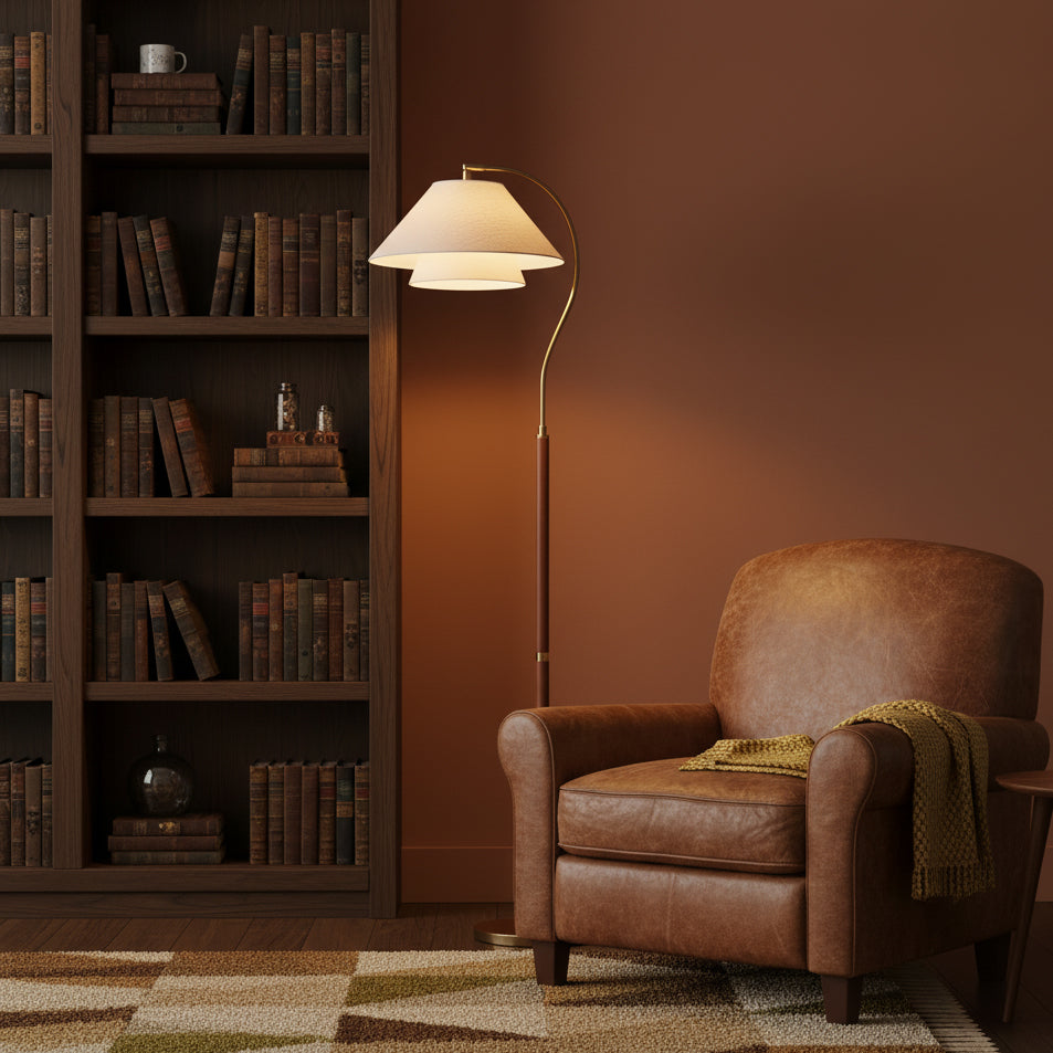 Double Fabric Shade Floor Lamp with Wood & Metal Stand 61 in Tall Statement Lighting for Living Room Bedroom Modern Ambient Uplight | Lonoma