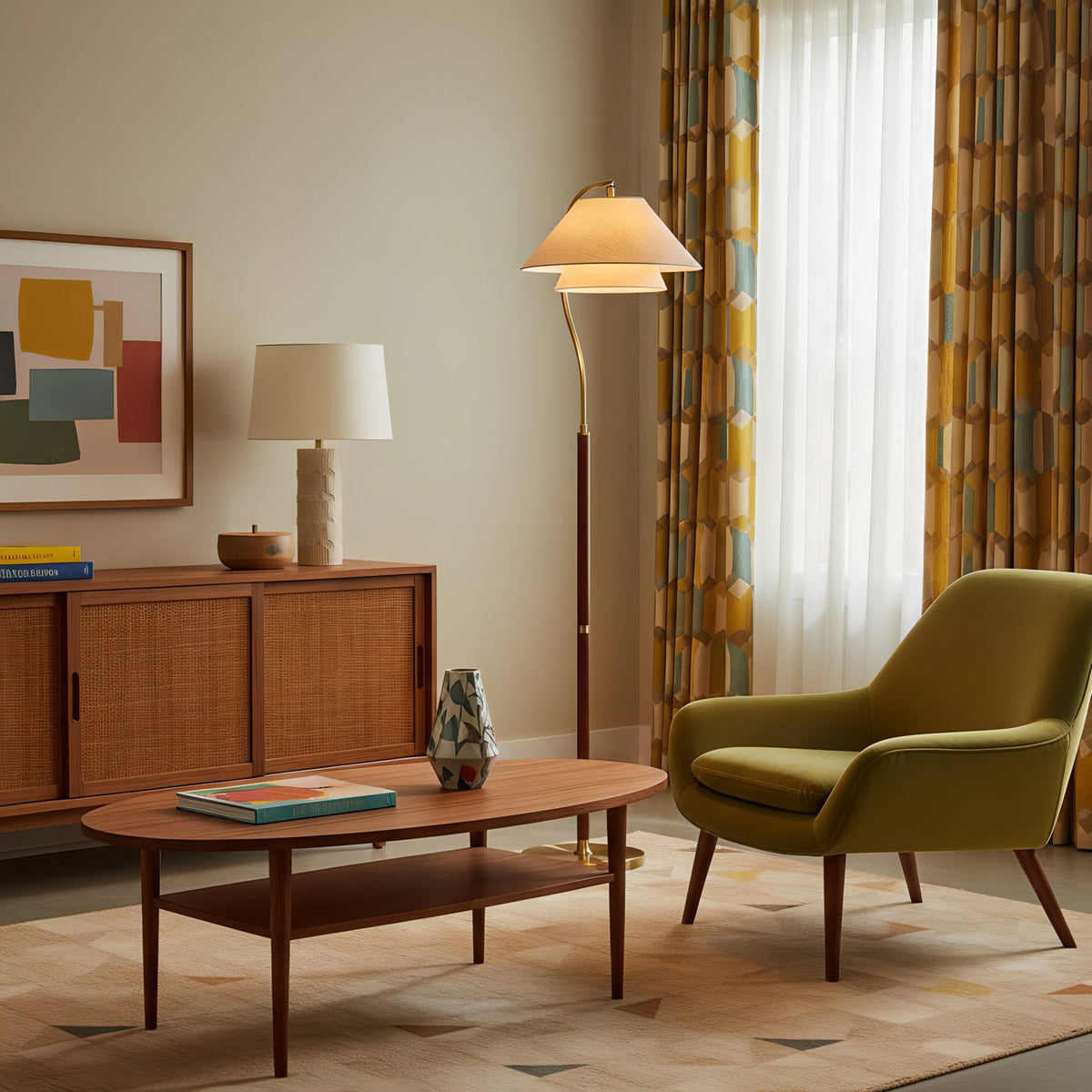 Double Fabric Shade Floor Lamp with Wood & Metal Stand 61 in Tall Statement Lighting for Living Room Bedroom Modern Ambient Uplight | Lonoma